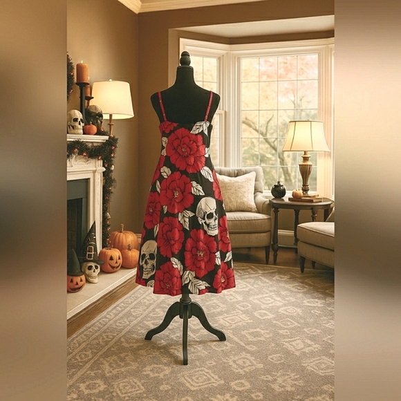 Whimsigoth 1XL Grunge Sugar Skull Sexy Red Rose Lace-Up Grunge Corset Dress - Picture 3 of 8